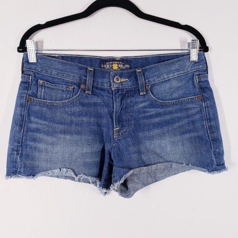 Lucky Brand Women's The Cut‎ Off Denim Jean Shorts Raw Hem Mid Rise Shorts sz 27 - Picture 2 of 13
